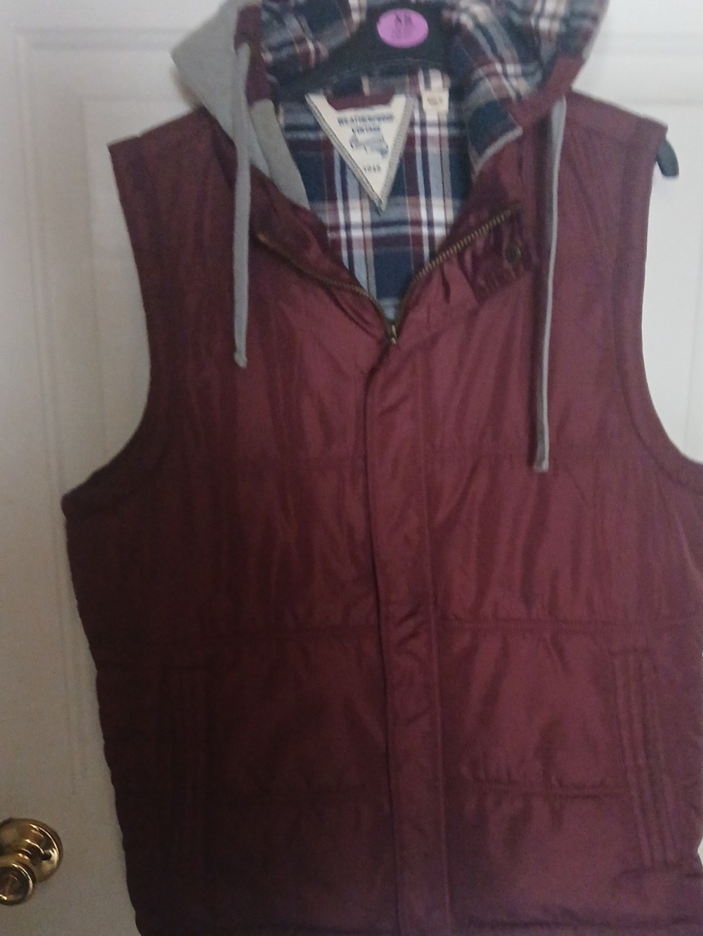 Weatherproof Quilted Hooded Vest in Burgundy with Plaid Lining